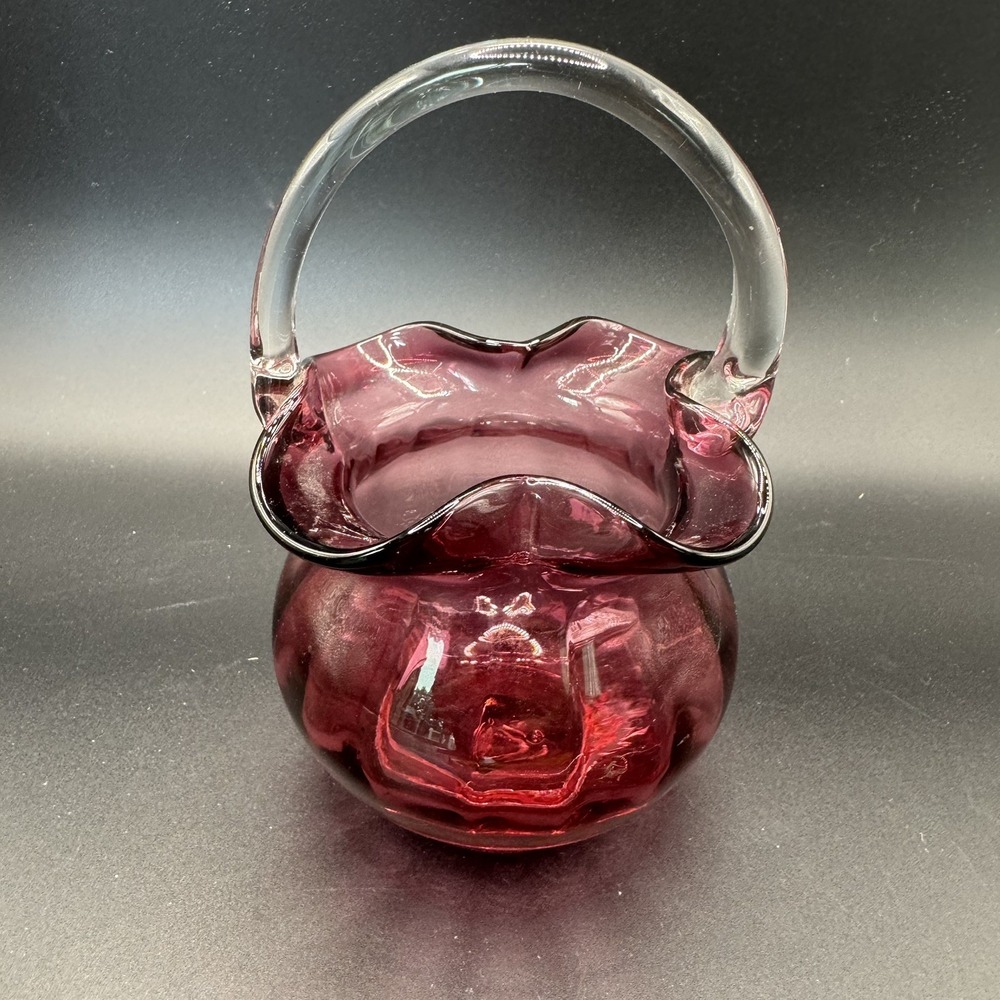 VTG Fenton Country Cranberry Art Glass Melon Basket W/Clear Twisted Handle